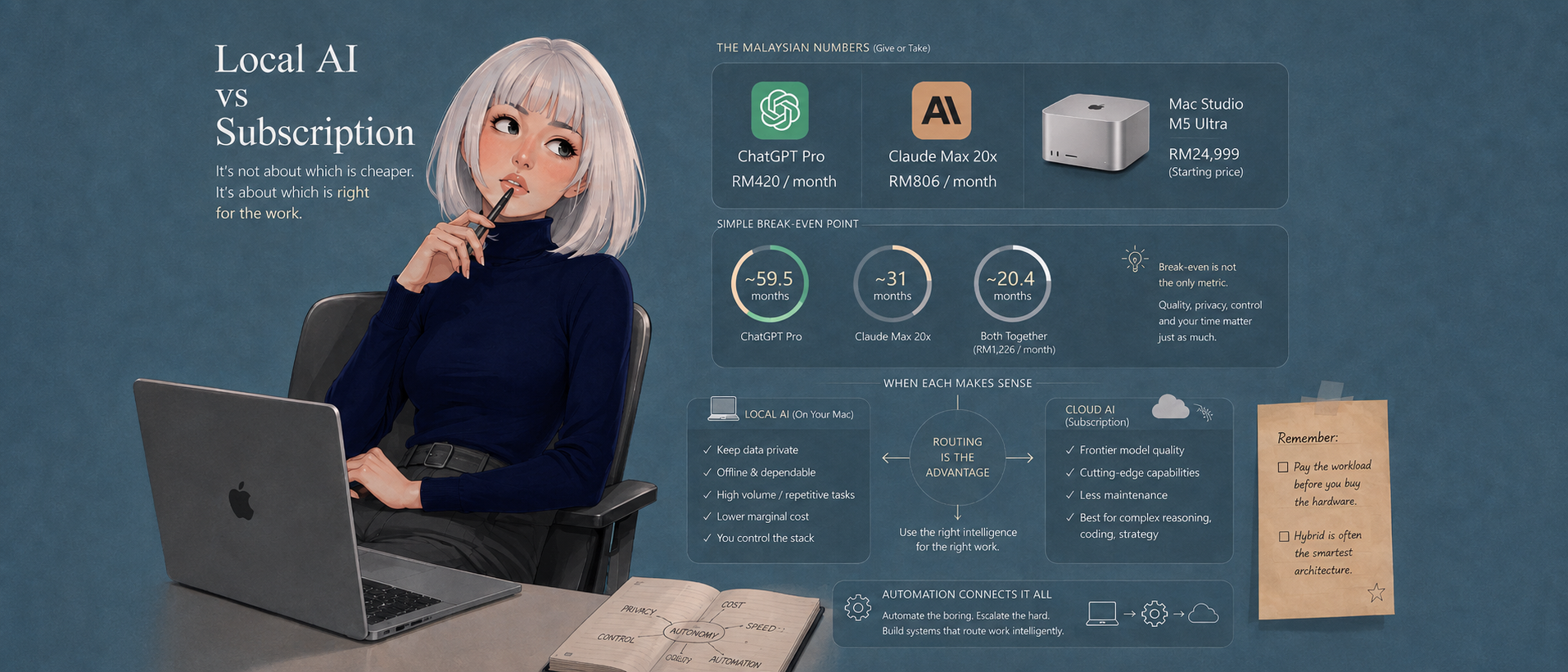 Editorial illustration comparing local AI with cloud subscriptions in Malaysia