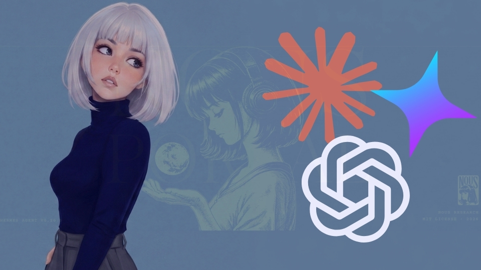 Illustration of a silver-haired AI agent beside the Claude, Gemini and OpenAI logos, representing Hermes as an orchestration layer across different AI models.