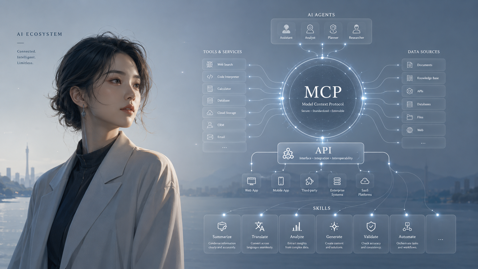 AI ecosystem illustration showing MCP, APIs, reusable Skills, AI agents, tools, and data sources connected through a unified workflow.