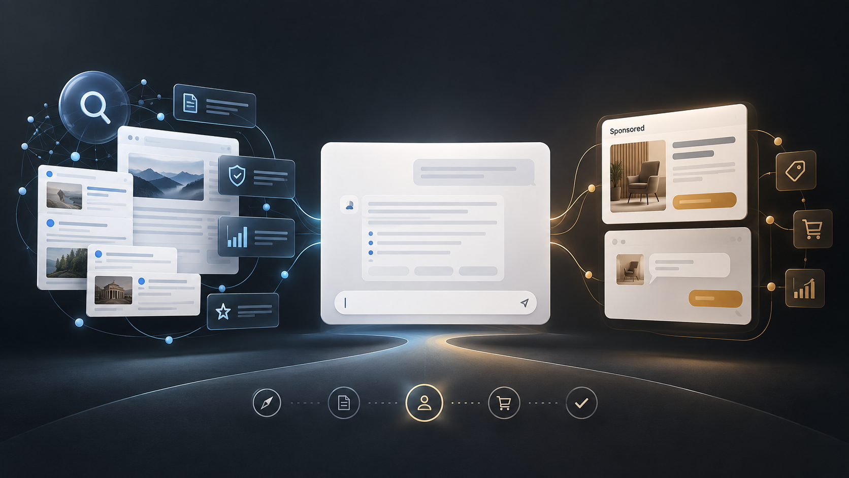Editorial illustration showing an AI chat interface between organic search results and a sponsored business placement, representing the shared customer journey between SEO-driven discovery and paid AI