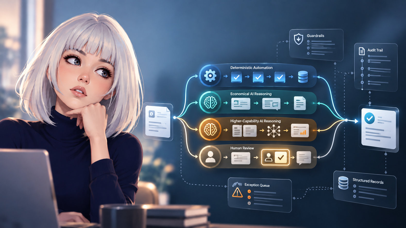 AI workflow illustration showing automation, economical AI, advanced AI, and human review paths converging into an approved business outcome.